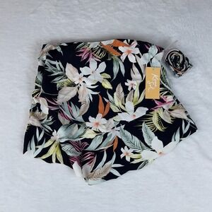 Kona Sol Tankini Top Women's Small Black Tropical Print‎ Tiered Bandeau Stretch